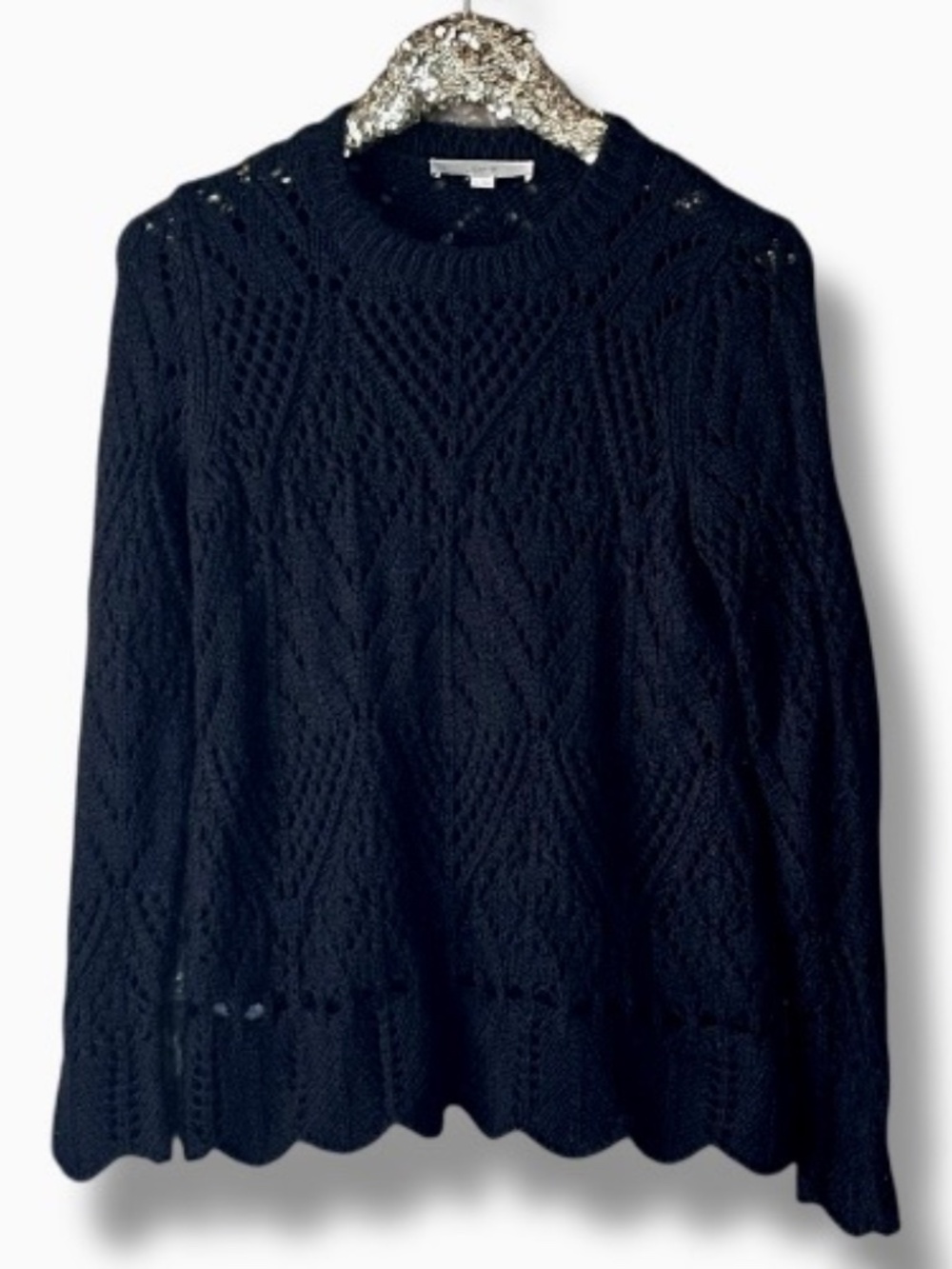Loft Black Crochet Sweater Crewneck Medium